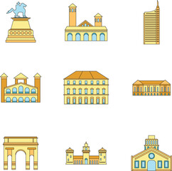 Milan Italy city skyline icons set. Outline illustration of 9 Milan Italy city skyline vector icons thin line color flat on white