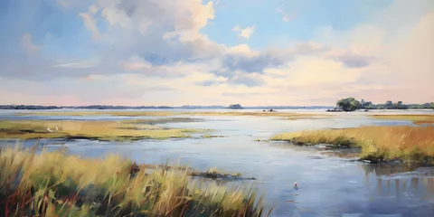 Deurstickers watercolour painting of the marsh landscape, a picturesque wetland environment in soft natural harmonious colours © sam
