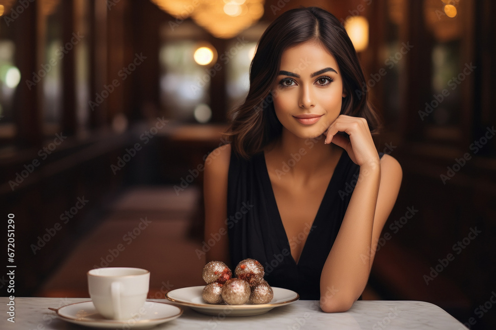 Sticker young indian woman sitting at restaurant