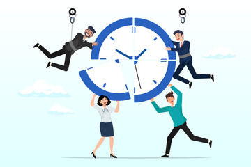 Businessman and woman help combine clock timer pieces, time or project management to control team to complete tasks or strategic planner to manage resources to complete work in deadline (Vector)