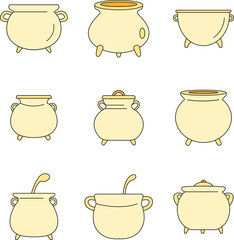 Cauldron pot kettle halloween icons set. Outline illustration of 9 cauldron pot kettle halloween vector icons thin line color flat on white