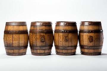 Wooden beer barrels set on a white background - obrazy, fototapety, plakaty