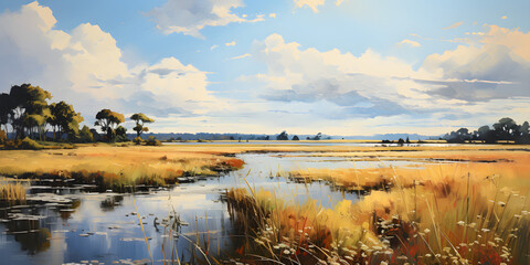 painting of the marsh landscape, a picturesque wetland environment in natural harmonious colours