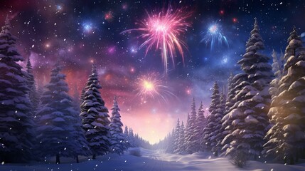 Christmas night in a magical winter forest with colorful fireworks and snowflakes, 3d rendering - obrazy, fototapety, plakaty