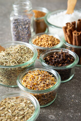 Various dried spices, dried food ingredients