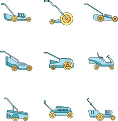 Lawnmower grass garden icons set. Outline illustration of 9 lawnmower grass garden vector icons thin line color flat on white