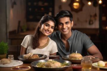 young indian couple enjoying dinner together at restaurant - obrazy, fototapety, plakaty