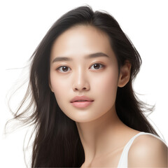 Obraz premium Close-up shot of a korean beauty model with a bright face and perfect skin, looking at the camera, isolated on white background