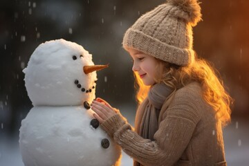 Little girl kisses and hugs a christmas snowman of winter. Happy child girl plaing with a snowman on a snowy winter walk. - obrazy, fototapety, plakaty