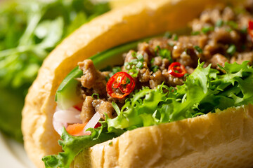 Meat hot dog with vegetables