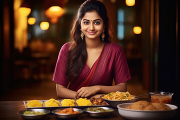 young indian woman eating dinner at restaurant - obrazy, fototapety, plakaty