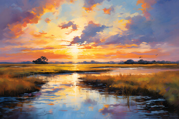 Fototapeta premium impressionist painting of the marsh landscape, a picturesque wetland environment in natural harmonious colours