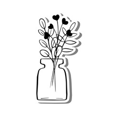 Black line Hearts with Leaves in Vase on white silhouette and gray shadow. Hand drawn cartoon style. Vector illustration for decorate and any design.