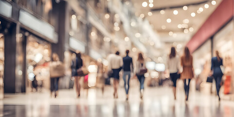 Blurred background of a modern shopping mall with some shoppers. Abstract motion blurred shopping.