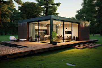  The outer appearance of a tiny container house, with grass lawn