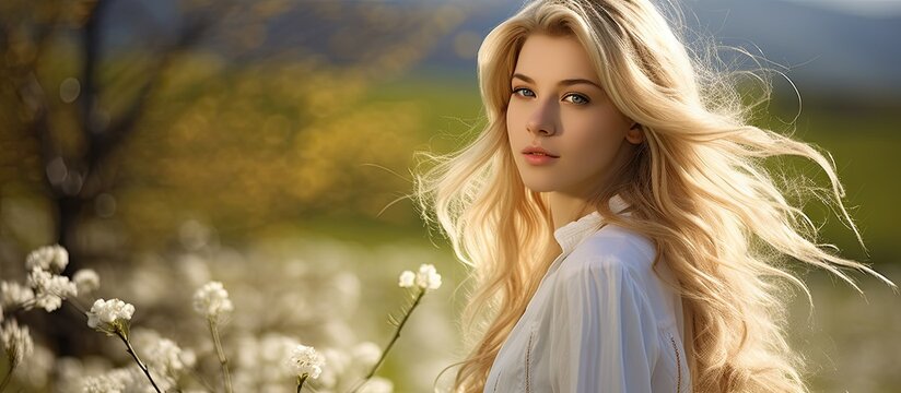 A stunning youthful girl with fair hair stands in a grassy field adorned with blooming flowers on a pleasant day in the spring