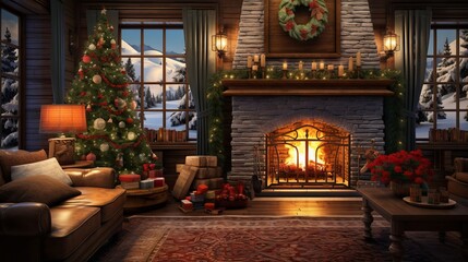 Fototapeta na wymiar Cozy and festive interior with glowing Christmas tree, fireplace, and wrapped gifts in dark room