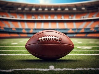 Realistic American football ball lies on the football field. Against the backdrop of the stands with fans.