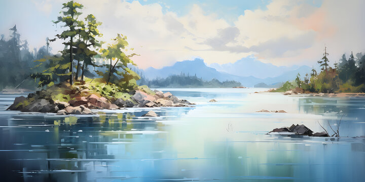 painting of the island coastal landscape, a picturesque environment by the sea in natural harmonious colours