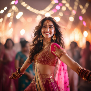 Young Indian woman dancing at Navratri festival