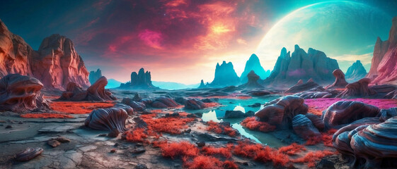 Wide-angle shot of an alien planet landscape. Breathtaking panorama of a desert planet with canyons and strange rock formations. Fantastic extraterrestrial landscape. Sci-fi wallpaper. - obrazy, fototapety, plakaty