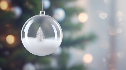 White glass toy on a festive Christmas tree with copy space. Side view of a holiday decoration in a cozy home.