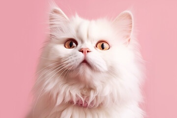 Portrait of a fluffy white cat looking up, close-up on a pink background.