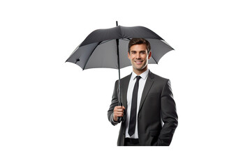 A male businessman stands holding an umbrella, smiling brightly.