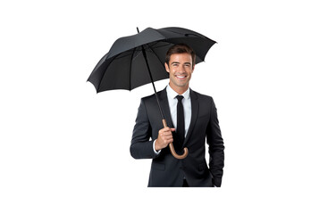 A male businessman stands holding an umbrella, smiling brightly.
