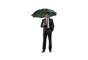 A male businessman stands holding an umbrella, smiling brightly.