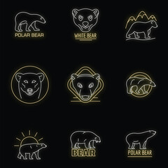 Polar bear baby white icons set. Outline illustration of 9 polar bear baby white vector icons neon color on black