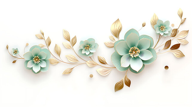 green blossom flowers swirls gold painted isolated on white background