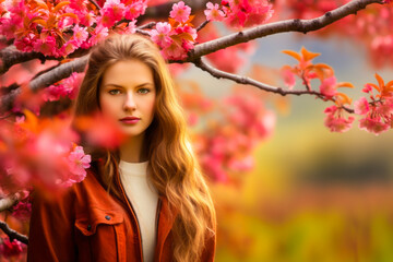 Springtime, woman under blooming red cherry tree.
