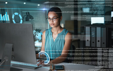 Computer hologram hud, working or woman review finance chart, stock market database or futuristic...