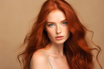 Fototapeta premium Young adult woman beauty female redhead model, attractive 20s lady with long red hair beautiful face healthy skin looking at camera isolated at beige pastel background. Aesthetic headshot portrait