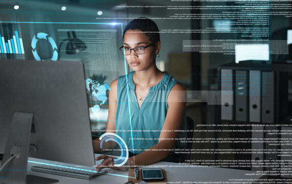Computer hologram hud, working or woman review finance chart, stock market database or futuristic night overlay. Forex investment, online data analysis or African trader trading NFT or bitcoin crypto