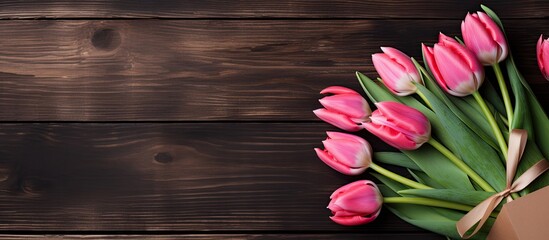 A rustic wooden board displaying a gift alongside a collection of tulips