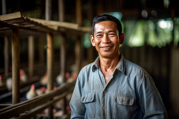 A smiling asian male chicken farmer stands with his arms folded in the poultry shed