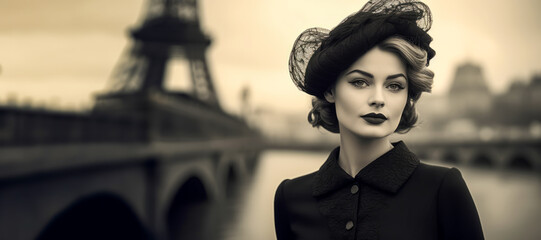 Elegant French woman in black outfit with hat, vintage style, by Seine River and Eiffel Tower. - obrazy, fototapety, plakaty