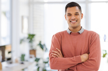 Portrait, mockup and proud businessman in office with future, vision and ambition on blurred background. Face, worker and guy leader excited for career, goal and idea while advertising copy space