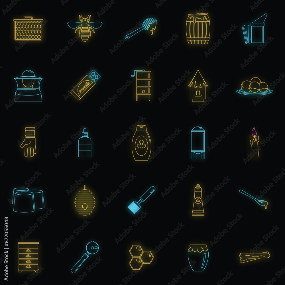 Sticker Propolis honey royal jelly icons set. Outline illustration of 25 propolis honey royal jelly vector icons neon color on black