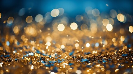 Abstract glitter lights background in blue, gold and black colors. De-focused bokeh effect. Banner...