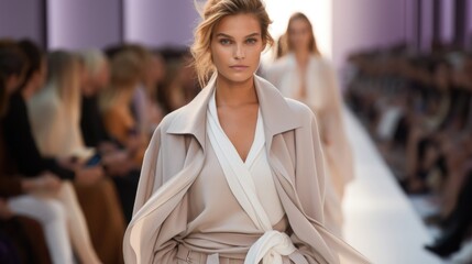 Naklejka premium Female models walk the runway in different cloths during a Fashion Show.