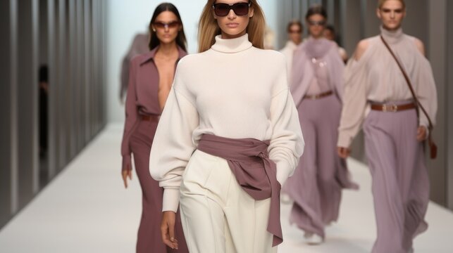 Female models walk the runway in different cloths in a row during a Fashion Show.