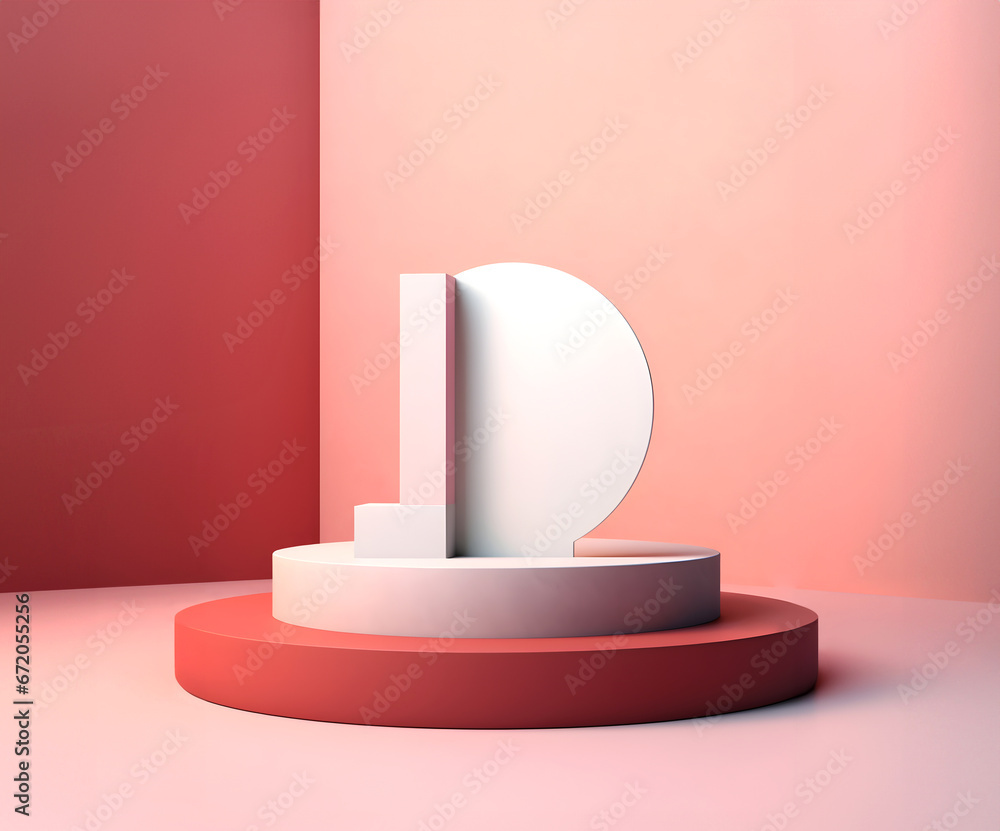 Poster abstract minimal concept. pastel peach background with pink white podium, abstract geometric landsca