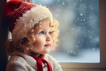 Fototapeta premium boy looking at the window waiting for Santa Clause, Christmas