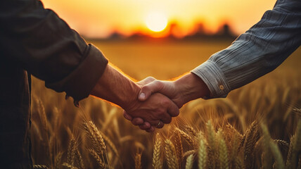 Two farmers shake hands in front of a wheat field.genearative ai - obrazy, fototapety, plakaty