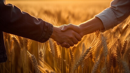 Two farmers shake hands in front of a wheat field.genearative ai