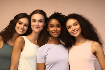 close up of Smiling confident diverse young women isolated on beige background. Happy multi ethnic ladies, four multicultural girls friends beauty underwear models group hugging looking at camera