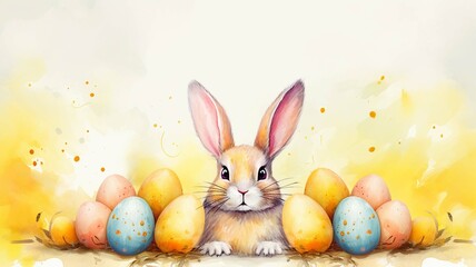 Watercolor image of Easter bunny, Easter eggs, pastel colors - obrazy, fototapety, plakaty